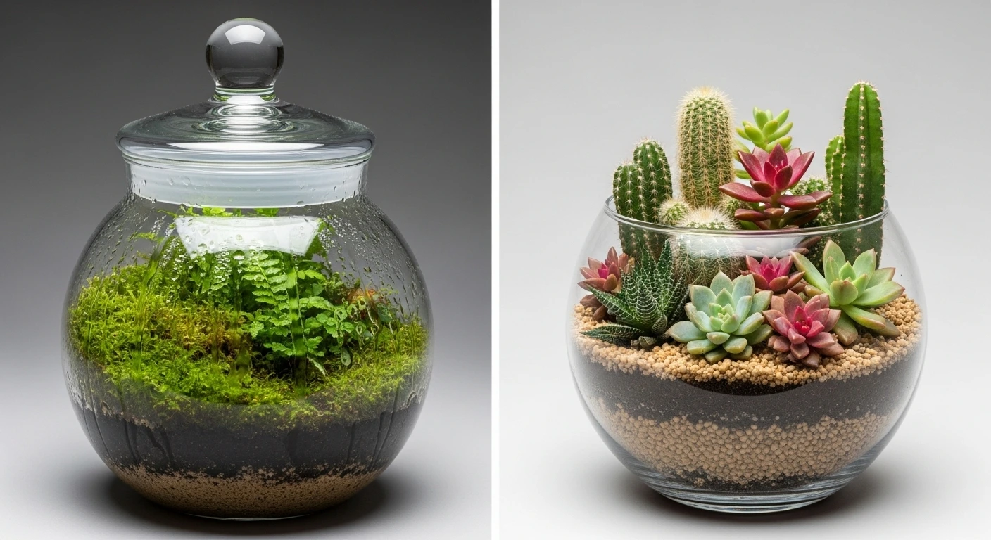 مقایسه دو نوع گلدان شیشه‌ای: یک تراریوم بسته و مرطوب برای گیاهان رطوبت‌دوست در مقابل یک گلدان باز و خشک برای ساکولنت‌ها